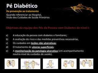 Pé Diabético
-

Da prevenção ao tratamento
Quando referenciar ao Hospital,
Visão dos Cuidados de Saúde Primários
CONSELHO REGIONAL DE PORTALEGRE

Objetivos da equipa dos Pés da Pessoa com Diabetes de nível I:
a)
b)
c)
d)
e)

A educação da pessoa com diabetes e familiares;
A avaliação do risco e das medidas preventivas necessárias,
Os cuidados em lesões não ulcerativas;
O tratamento de ulceras superficiais;
A monitorização da patologia ulcerativa (em acompanhamento
noutro nível de cuidados de saúde).

 