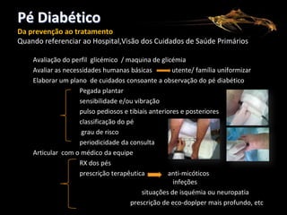 Pé Diabético
Da prevenção ao tratamento
Quando referenciar ao Hospital,Visão dos Cuidados de Saúde Primários
Avaliação do perfil glicémico / maquina de glicémia
Avaliar as necessidades humanas básicas
utente/ família uniformizar
Elaborar um plano de cuidados consoante a observação do pé diabético
Pegada plantar
sensibilidade e/ou vibração
pulso pediosos e tibiais anteriores e posteriores
classificação do pé
grau de risco
periodicidade da consulta
Articular com o médico da equipe
RX dos pés
prescrição terapêutica
anti-micóticos
infeções
situações de isquémia ou neuropatia
prescrição de eco-doplper mais profundo, etc

 