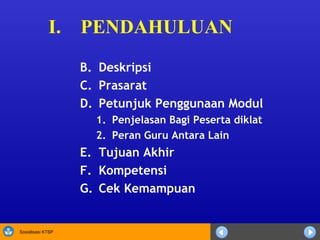 I. PENDAHULUAN Deskripsi Prasarat Petunjuk Penggunaan Modul Penjelasan Bagi Peserta diklat Peran Guru Antara Lain Tujuan Akhir Kompetensi Cek Kemampuan  
