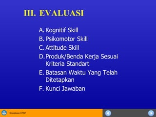 III. EVALUASI Kognitif Skill Psikomotor Skill Attitude Skill Produk/Benda Kerja Sesuai Kriteria Standart Batasan Waktu Yang Telah Ditetapkan Kunci Jawaban 