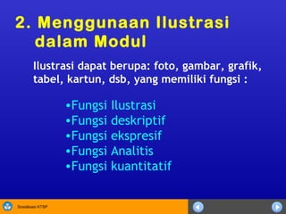 Fungsi Ilustrasi Fungsi deskriptif Fungsi ekspresif Fungsi Analitis Fungsi kuantitatif 2. Menggunaan Ilustrasi dalam Modul Ilustrasi dapat berupa: foto, gambar, grafik, tabel, kartun, dsb, yang memiliki fungsi : 