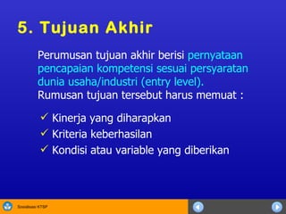 5.  Tujuan Akhir Kinerja yang diharapkan Kriteria keberhasilan Kondisi atau variable yang diberikan Perumusan tujuan akhir berisi  pernyataan pencapaian kompetensi sesuai persyaratan dunia usaha/industri (entry level). Rumusan tujuan tersebut harus memuat : 