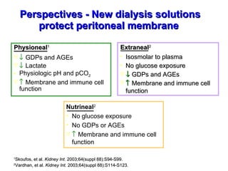    GDPs and AGEs    Lactate Physiologic pH and pCO 2    Membrane and immune cell function Perspectives - New dialysis solutions protect peritoneal membrane  Physioneal 1 1 Skoufos, et al.  Kidney Int . 2003;64(suppl 88):S94-S99. 2 Vardhan, et al.  Kidney Int.  2003;64(suppl 88):S114-S123.   Nutrineal 2 No glucose exposure No GDPs or AGEs    Membrane and immune cell function Isosmolar to plasma No glucose exposure    GDPs and AGEs    Membrane and immune cell function Extraneal 2 