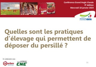 11
Conférence Grand Angle Viande
9e édition
Mercredi 18 janvier 2023
En collaboration avec :
DR DR
JM Cazillac
Quelles sont les pratiques
d’élevage qui permettent de
déposer du persillé ?
11
 