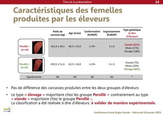 Titre de la présentation
Conférence Grand Angle Viande – Mercredi 18 janvier 2023
Caractéristiques des femelles
produites par les éleveurs
14
Poids de
carcasse (kg)
Age (mois)
Conformation
(EUROP)
Engraissement
(EUROP)
Type génétique
(à dire
d’éleveur)
453,4 ± 49,3 69,3 ± 35,0 U-/R+ 3 ± 0
Viande (55%)
Mixte (27%)
Elevage (18%)
459,5 ± 51,4 65,5 ± 34,0 U-/R+ 3 ± 0
Viande (7%)
Mixte (33%)
Elevage (60%)
Significativité NS NS NS NS *
• Pas de différence des carcasses produites entre les deux groupes d’éleveurs
• Le type « élevage » majoritaire chez les groupe Persillé + contrairement au type
« viande » majoritaire chez le groupe Persillé -.
La classification a été réalisée à dire d’éleveurs: à valider de manière expérimentale.
Persillé +
(n=15)
Persillé –
(n=14)
 