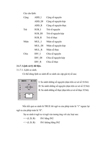 32
Các câu lệnh:
Cộng ADD_I Cộng số nguyên
ADD_DI Cộng số nguyên kép
ADD_R Cộng số nguyên thực
Trừ SUB_I Trừ số nguyên
SUB_DI Trừ số nguyên kép
SUB_R Trừ số thực
Nhân MUL_I Nhân số nguyên
MUL_DI Nhân số nguyên kép
MUL_R Nhân số thực
Chia DIV_I Chia số nguyên
DIV_DI Chia số nguyên kép
DIV_R Chia số thực
3.1.7. Lệnh xử lý dữ liệu.
3.1.7.1. Lệnh so sánh.
Có thể dùng lệnh so sánh để so sánh các cặp giá trị số sau:
I: So sánh những số nguyên (dựa trên cơ sở số 16 bit)
D: So sánh những số nguyên (dựa trên cơ sở số 32 bit)
R: So sánh những số thực (dựa trên cơ sở số thực 32 bit).
Nếu kết quả so sánh là TRUE thì ngõ ra của phép toán là “1” ngược lại
ngõ ra của phép toán là “0”.
Sự so sánh ở ngõ ra và ngõ vào tương ứng với các loại sau:
= = (I, D, R) IN1 bằng IN2
< > (I, D, R) IN1 không bằng IN2
 