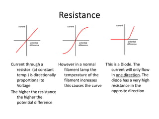 Resistance
Current through a
resistor (at constant
temp.) is directionally
proportional to
Voltage
The higher the resistance
the higher the
potential difference
However in a normal
filament lamp the
temperature of the
filament increases
this causes the curve
This is a Diode. The
current will only flow
in one direction. The
diode has a very high
resistance in the
opposite direction
 