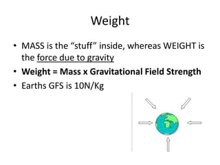 Weight
• MASS is the “stuff” inside, whereas WEIGHT is
the force due to gravity
• Weight = Mass x Gravitational Field Strength
• Earths GFS is 10N/Kg
 