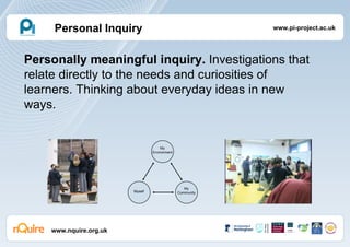 www.nquire.org.uk Personally meaningful inquiry.  Investigations that relate directly to the needs and curiosities of learners. Thinking about everyday ideas in new ways.  My Community Myself My Environment Personal Inquiry www.pi-project.ac.uk 