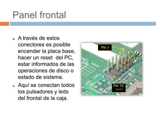 Panel frontal

 A través de estos
 conectores es posible
 encender la placa base,
 hacer un reset del PC,
 estar informados de las
 operaciones de disco o
 estado de sistema.
 Aquí se conectan todos
 los pulsadores y leds
 del frontal de la caja.
 