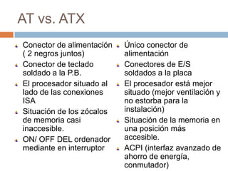AT vs. ATX
Conector de alimentación   Único conector de
( 2 negros juntos)         alimentación
Conector de teclado        Conectores de E/S
soldado a la P.B.          soldados a la placa
El procesador situado al   El procesador está mejor
lado de las conexiones     situado (mejor ventilación y
ISA                        no estorba para la
Situación de los zócalos   instalación)
de memoria casi            Situación de la memoria en
inaccesible.               una posición más
ON/ OFF DEL ordenador      accesible.
mediante en interruptor    ACPI (interfaz avanzado de
                           ahorro de energía,
                           conmutador)
 
