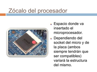 Zócalo del procesador

                Espacio donde va
                insertado el
                microprocesador.
                Dependiendo del
                socket del micro y de
                la placa (ambos
                siempre tendrán que
                ser compatibles)
                variará la estructura
                del mismo.
 