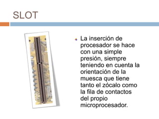 SLOT

       La inserción de
       procesador se hace
       con una simple
       presión, siempre
       teniendo en cuenta la
       orientación de la
       muesca que tiene
       tanto el zócalo como
       la fila de contactos
       del propio
       microprocesador.
 