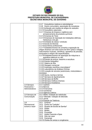 ESTADO DO RIO GRANDE DO SUL
PREFEITURA MUNICIPAL DE CACHOEIRINHA
SECRETARIA MUNICIPAL DE GOVERNO
3.3.7 Consultórios médicos e odontológicos
3.3.8 Centro comunitário, associação de moradores
3.3.9 Confecção sob medida de artigos do vestuário
3.3.10 Consultório veterinário
3.3.11 Empresa de limpeza e vigilância sem
armazenamento de produtos químicos
3.3.12 Empresa de Táxis
3.3.13 Empresas de reparação de instalações elétricas,
hidráulicas e de gás
3.3.14 Entidade de classe / sindicato
3.3.15 Escola de Idiomas
3.3.16 Escritórios profissionais
3.3.17 Estabelecimentos de conserto e reparação de
artigos diversos com área acima de 50m² (jóias e relógios,
instrumentos musicais, científicos, aparelhos de precisão,
brinquedos e artigos não especificados)
3.3.18 Estabelecimentos de reparação de máquinas e
aparelhos elétricos ou não
3.3.19 Estúdio de pintura, desenho e escultura
3.3.20 Estúdio fotográfico
3.3.21 Galeria de Arte
3.3.22 Garagem comercial
3.3.23 Instituição científica e tecnológica*
3.3.24 Laboratórios de Análises Clínicas
3.3.25 Locação de veículos (automóveis, motocicletas e
bicicletas)
3.3.26 Sauna, duchas e termas
3.3.27 Serviços de Ajardinamento
3.3.28 Serviços de Buffet
3.3.29 Serviços Gráficos diversos
3.3.30 Serviços Imobiliários
3.4 Serviços
Financeiros /
Administrativos
3.4.1 Cartório
3.4.2 Bancos
3.4.3 Financeiras
3.4.4 Corretoras
3.4.5 Agência Lotérica
3.5 Serviços de
Comunicação
3.5.1 Rádio / Estação de radiofusão
3.5.2 Televisão / estação de televisão
3.5.3 Jornal
3.5.4 Estação de Telefonia
3.6
Recreacional,
turismo e lazer
3.6.1 Cinema*
3.6.2 Centro de Tradição*
3.6.3 Quadra de Escola de Samba*
3.6.4 Hotéis
3.6.5 Motéis
3.6.6 Pousadas
3.6.7 Hotéis Fazenda e Spas
3.6.8 Sítio de Lazer
3.6.9 Campings
3.6.10 Clubes de campo e congêneres
64
 