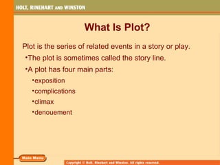 What Is Plot?
Plot is the series of related events in a story or play.
•The plot is sometimes called the story line.
•A plot has four main parts:
   • exposition
   • complications
   • climax
   • denouement
 