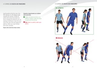 24 25
4 CORRIDA À VOLTA DO PARCEIRO 4 CORRIDA À VOLTA DO PARCEIRO
1
Jog forwards to the first cone. Shu-
ffle sideways at a 90-degree angle
towards your partner, shuffle an
entire circle around one other (wi-
thout changing the direction you are
looking in) and back to the first cone.
Jog to the next cone and repeat the
exercise. When you have finished
the course, jog back.
Fazer este exercício duas vezes.
Aspetos importantes ao realizar
este exercício:
1 Dobrar um pouco as ancas e os
joelhos e colocar o peso do corpo
na parte da frente do pé.
Não deixar os joelhos ceder para
dentro.
ERRADA
CORRETA
 