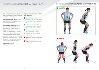 52 53
11.1 AGACHAMENTOS COM ELEVAÇÃO DAS PONTAS DOS PÉS
Este exercício fortalece os isquioti-
biais e os gémeos e ajuda a controlar
melhor os movimentos.
Assumir a posição inicial, com os
pés afastados à largura das ancas e
com as mãos nas ancas.
Durante este exercício, dobrar
devagar as ancas, os joelhos e os
tornozelos até ficarem fletidos a
90 graus. Inclinar o tronco para a
frente. Em seguida, esticar o tronco,
as ancas e os joelhos. Quando os
joelhos estiverem completamente
esticados, ficar em pé nas pontas dos
pés e descer devagar. Voltar a esticar
um pouco mais depressa. Repetir o
exercício durante 30 segundos.
Repetições: 2 séries
(30 segundos cada)
Aspetos importantes ao realizar
este exercício:
1 Vistos de frente, as ancas, os
joelhos e os pés das duas pernas
formam duas linhas retas parale-
las.
2 Dobrar as ancas, os joelhos e os
tornozelos ao mesmo tempo e
inclinar o tronco para a frente.
3 Manter as costas direitas ao incli-
nar o tronco para a frente.
4 Apoiar-se nos calcanhares ao
endireitar-se.
Não deixar os joelhos ceder para
dentro.
Não inclinar a cabeça para trás.
11.1 AGACHAMENTOS COM ELEVAÇÃO DAS PONTAS DOS PÉS
2
2
1 1
3
2
CORRETA
ERRADA
 