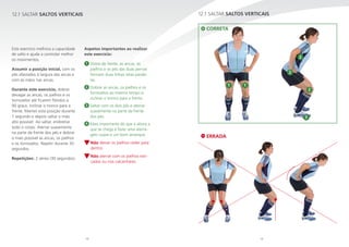 58 59
12.1 SALTAR SALTOS VERTICAIS
Este exercício melhora a capacidade
de salto e ajuda a controlar melhor
os movimentos.
Assumir a posição inicial, com os
pés afastados à largura das ancas e
com as mãos nas ancas.
Durante este exercício, dobrar
devagar as ancas, os joelhos e os
tornozelos até ficarem fletidos a
90 graus. Inclinar o tronco para a
frente. Manter esta posição durante
1 segundo e depois saltar o mais
alto possível. Ao saltar, endireitar
todo o corpo. Aterrar suavemente
na parte da frente dos pés e dobrar
o mais possível as ancas, os joelhos
e os tornozelos. Repetir durante 30
segundos.
Repetições: 2 séries (30 segundos)
Aspetos importantes ao realizar
este exercício:
1 Vistos de frente, as ancas, os
joelhos e os pés das duas pernas
formam duas linhas retas parale-
las.
2 Dobrar as ancas, os joelhos e os
tornozelos ao mesmo tempo e
inclinar o tronco para a frente.
3 Saltar com os dois pés e aterrar
suavemente na parte da frente
dos pés.
4 Mais importante do que a altura a
que se chega é fazer uma aterra-
gem suave e um bom arranque.
Não deixar os joelhos ceder para
dentro.
Não aterrar com os joelhos esti-
cados ou nos calcanhares.
12.1 SALTAR SALTOS VERTICAIS
2
2
1 1
3
2
CORRETA
ERRADA
 