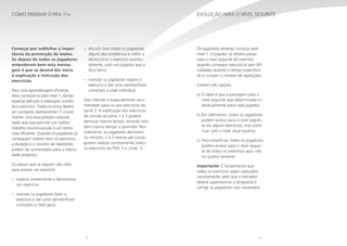 12 13
Começar por sublinhar a impor-
tância da prevenção de lesões.
Só depois de todos os jogadores
entenderem bem esta mensa-
gem é que se deverá dar início
à explicação e instrução dos
exercícios.
Para uma aprendizagem eficiente,
deve começar-se pelo nível 1, dando
especial atenção à realização correta
dos exercícios. Todos os erros devem
ser corrigidos atentamente! É crucial
manter uma boa posição corporal,
dado que esta permite um melhor
trabalho neuromuscular e um treino
mais eficiente. Quando os jogadores já
conseguem realizar bem os exercícios,
a duração e o número de repetições
podem ser aumentados para a intensi-
dade proposta.
Os passos que se seguem são úteis
para ensinar um exercício:
−− explicar brevemente e demonstrar
um exercício;
−− mandar os jogadores fazer o
exercício e dar uma opinião/fazer
correções a nível geral;
−− discutir com todos os jogadores
alguns dos problemas e voltar a
demonstrar o exercício (eventu-
almente, com um jogador que o
faça bem);
−− mandar os jogadores repetir o
exercício e dar uma opinião/fazer
correções a nível individual.
Este método é especialmente reco-
mendado para os seis exercícios da
parte 2. A explicação dos exercícios
de corrida da parte 1 e 3 poderá
demorar menos tempo, levando tam-
bém menos tempo a aprender. Nor-
malmente, os jogadores demoram,
no mínimo, 2 a 3 treinos até conse-
guirem realizar corretamente todos
os exercícios do FIFA 11+ (nível 1).
Como ensinar o FIFA 11+
Os jogadores deverão começar pelo
nível 1. O jogador só deverá passar
para o nível seguinte do exercício
quando conseguir executá-lo sem difi-
culdades durante o tempo especifica-
do e cumprir o número de repetições.
Existem três opções:
a)	O ideal é que a passagem para o
nível seguinte seja determinada in-
dividualmente para cada jogador.
b)	Em alternativa, todos os jogadores
podem evoluir para o nível seguin-
te em alguns exercícios, mas conti-
nuar com o nível atual noutros.
c)	Para simplificar, todos os jogadores
podem evoluir para o nível seguin-
te de todos os exercícios após três
ou quatro semanas.
Importante: É fundamental que
todos os exercícios sejam realizados
corretamente, pelo que o treinador
deverá supervisionar o programa e
corrigir os jogadores caso necessário.
Evolução para o nível seguinte
 