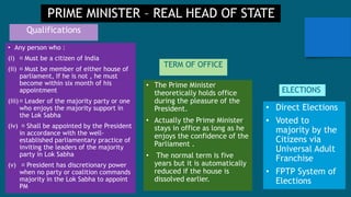 PRIME MINISTER – REAL HEAD OF STATE
ELECTIONS
• Direct Elections
• Voted to
majority by the
Citizens via
Universal Adult
Franchise
• FPTP System of
Elections
TERM OF OFFICE
• The Prime Minister
theoretically holds office
during the pleasure of the
President.
• Actually the Prime Minister
stays in office as long as he
enjoys the confidence of the
Parliament .
• The normal term is five
years but it is automatically
reduced if the house is
dissolved earlier.
Qualifications
• Any person who :
(i) Must be a citizen of India
(ii) Must be member of either house of
parliament, If he is not , he must
become within six month of his
appointment
(iii) Leader of the majority party or one
who enjoys the majority support in
the Lok Sabha
(iv) Shall be appointed by the President
in accordance with the well-
established parliamentary practice of
inviting the leaders of the majority
party in Lok Sabha
(v) President has discretionary power
when no party or coalition commands
majority in the Lok Sabha to appoint
PM
 