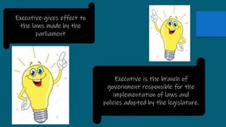 Executive is the branch of
government responsible for the
implementation of laws and
policies adopted by the legislature.
Executive-gives effect to
the laws made by the
parliament
 