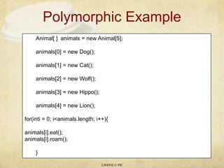 Polymorphic ExampleLIS4930 © PIC	Animal[ ]  animals = new Animal[5];	animals[0] = new Dog();	animals[1] = new Cat();	animals[2] = new Wolf();	animals[3] = new Hippo();	animals[4] = new Lion();for(inti = 0; i < animals.length; i++){animals[i].eat();animals[i].roam();	}	 
