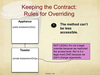 Keeping the Contract: Rules for OverridingLIS4930 © PICThe method can’t be less accessible.2NOT LEGAL! It’s not a legal override because we restricted the access level. Nor is it a legal overLOAD because we didn’t change arguments.Appliancepublic booleanturnOn()Toasterprivate booleanturnOn()