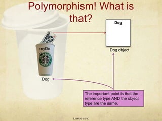 Polymorphism! What is that?LIS4930 © PICmyDogDogDogDog objectThe important point is that the reference type AND the object type are the same.