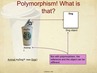 Polymorphism! What is that?LIS4930 © PICmyDogDogAnimalDog objectBut with polymorphism, the reference and the object can be different.Animal myDog= new Dog()