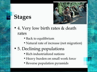 Stages
• 4. Very low birth rates & death
rates
•Back to equilibrium
•Natural rate of increase (not migration)
• 5. Declining populations
•Rich industrialized nations
•Heavy burden on small work force
•Reverse population pyramids
 
