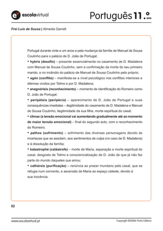 Frei Luís de Sousa | Almeida Garrett




          Portugal durante vinte e um anos e pela mudança da família de Manuel de Sousa
          Coutinho para o palácio de D. João de Portugal;
            hybris (desafio) – presente essencialmente no casamento de D. Madalena
          com Manuel de Sousa Coutinho, sem a confirmação da morte do seu primeiro
          marido, e no incêndio do palácio de Manuel de Sousa Coutinho pelo próprio;
            agón (conflito) – manifesta-se a nível psicológico nos conflitos interiores e
          dilemas vividos por Telmo e por D. Madalena;
            anagnórisis (reconhecimento) – momento de identificação do Romeiro como
          D. João de Portugal;
            peripéteia (peripécia) – aparecimento de D. João de Portugal e suas
          consequências imediatas – ilegitimidade do casamento de D. Madalena e Manuel
          de Sousa Coutinho, ilegitimidade da sua filha, morte espiritual do casal;
            clímax (a tensão emocional vai aumentando gradualmente até ao momento
          de maior tensão emocional) – final do segundo acto, com o reconhecimento
          do Romeiro;
            pathos (sofrimento) – sofrimento das diversas personagens devido às
          incertezas que as assolam, aos sentimentos de culpa (no caso de D. Madalena)
          e à dissolução da família;
            katastrophé (catástrofe) – morte de Maria, separação e morte espiritual do
          casal, desgosto de Telmo e consciencialização de D. João de que já não faz
          parte do mundo daqueles que amou;
            cathársis (purificação) – renúncia ao prazer mundano pelo casal, que se
          refugia num convento, e ascensão de Maria ao espaço celeste, devido à
          sua inocência.




02
 