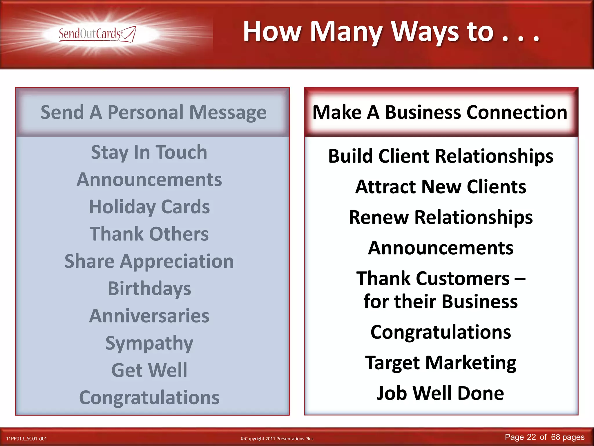 How Many Ways to . . .Send A Personal MessageMake A Business ConnectionStay In TouchAnnouncementsHoliday CardsThank OthersShare AppreciationBirthdaysAnniversariesSympathyGet WellCongratulationsBuild Client RelationshipsAttract New ClientsRenew RelationshipsAnnouncementsThank Customers – for their Business CongratulationsTarget MarketingJob Well DoneStay in TouchAnnouncementsThank OthersShare Appreciation
