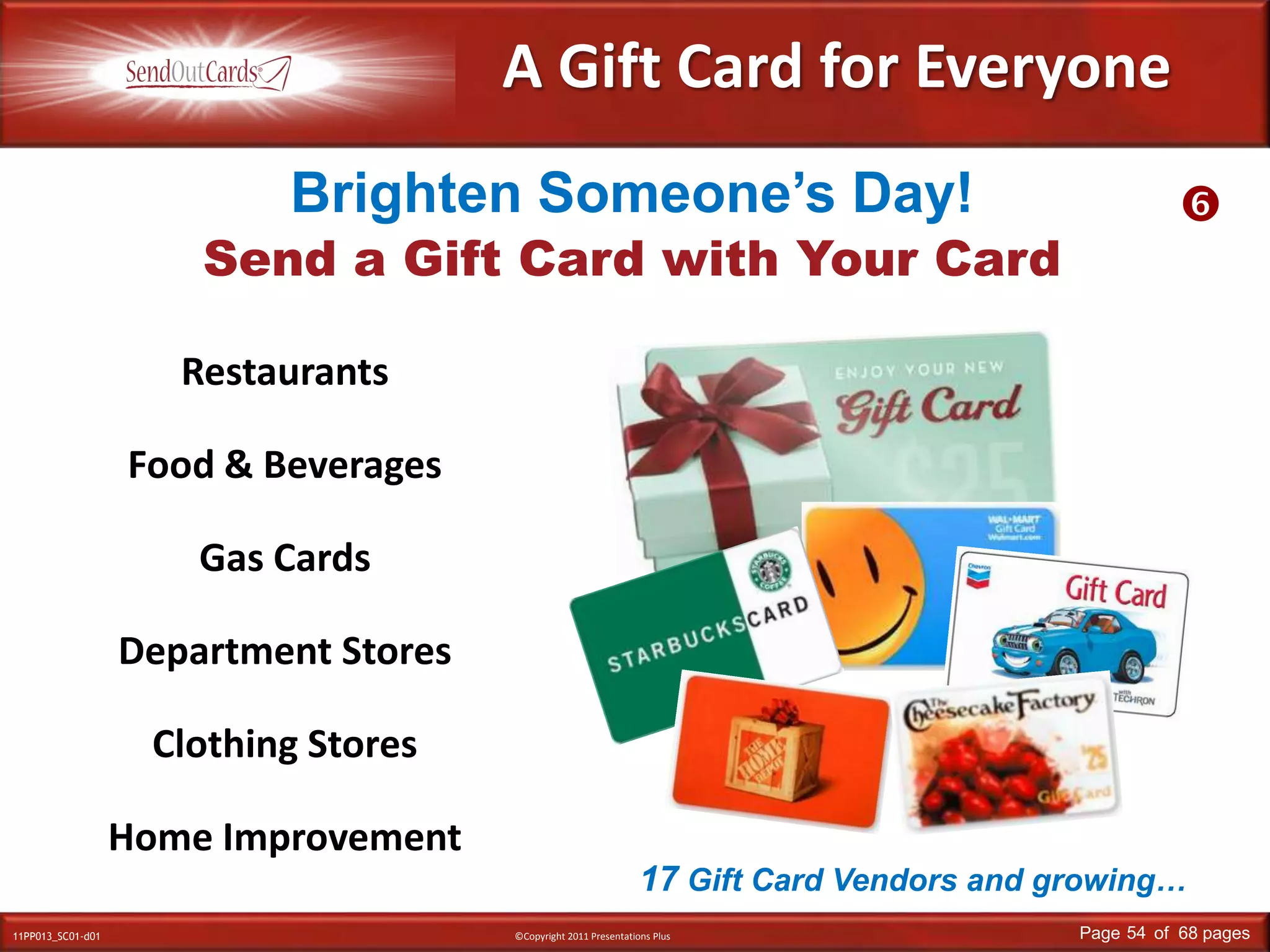 A Gift Card for EveryoneBrighten Someone’s Day!Send a Gift Card with Your CardRestaurantsFood & BeveragesGas CardsDepartment StoresClothing StoresHome Improvement17 Gift Card Vendors and growing…