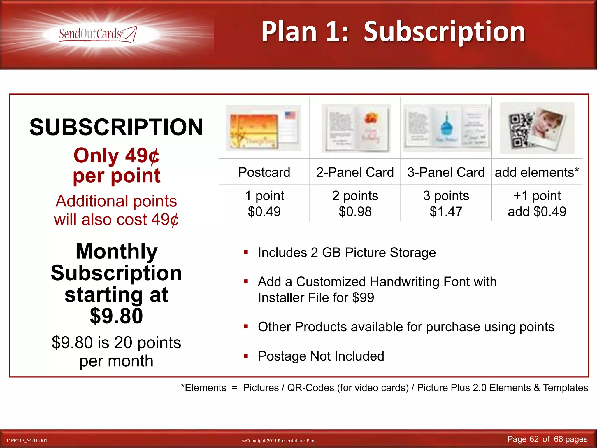 Plan 1:  SubscriptionSUBSCRIPTIONOnly 49¢per pointAdditional pointswill also cost 49¢MonthlySubscriptionstarting at$9.80Includes 2 GB Picture Storage