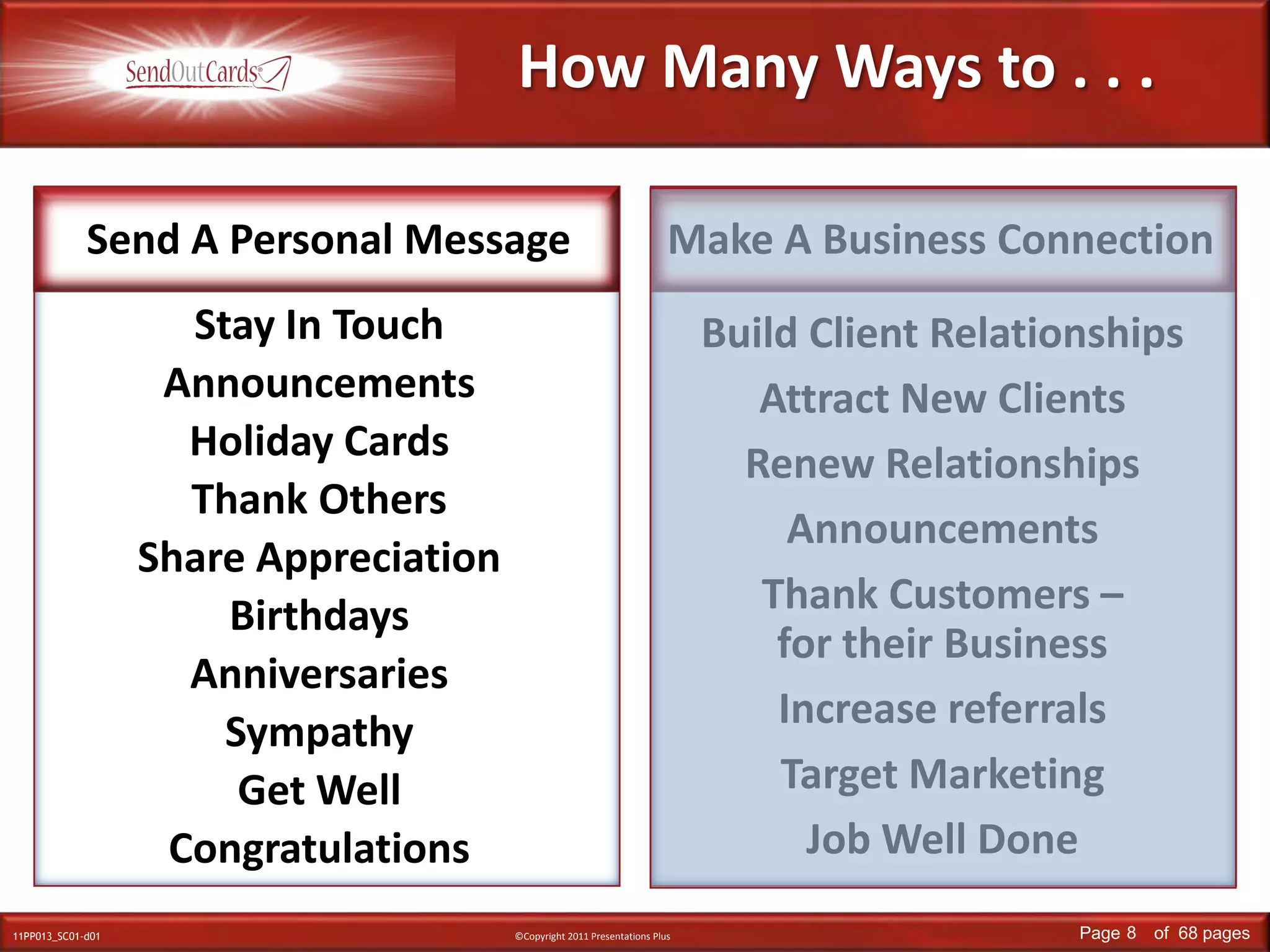 Build Client RelationshipsAttract New ClientsRenew RelationshipsAnnouncementsThank Customers – for their Business Increase referralsTarget MarketingJob Well DoneStay in TouchAnnouncementsThank OthersShare AppreciationHow Many Ways to . . .Send A Personal MessageMake A Business ConnectionStay In TouchAnnouncementsHoliday CardsThank OthersShare AppreciationBirthdaysAnniversariesSympathyGet WellCongratulations
