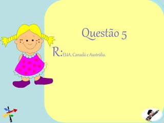 Questão 1
R: IDH
Questão 2
R:PIB per capita que traduz o rendimento por habitante;
As taxas de alfabetização e de escolaridade;
A esperança média de vida à nascença;
Questão 3
R:Economia, saúde e educação.
Questão 4
R:R.D.Congo,Niger e Moçambique
Questão 5
R:EUA, Canadá e Austrália.
 