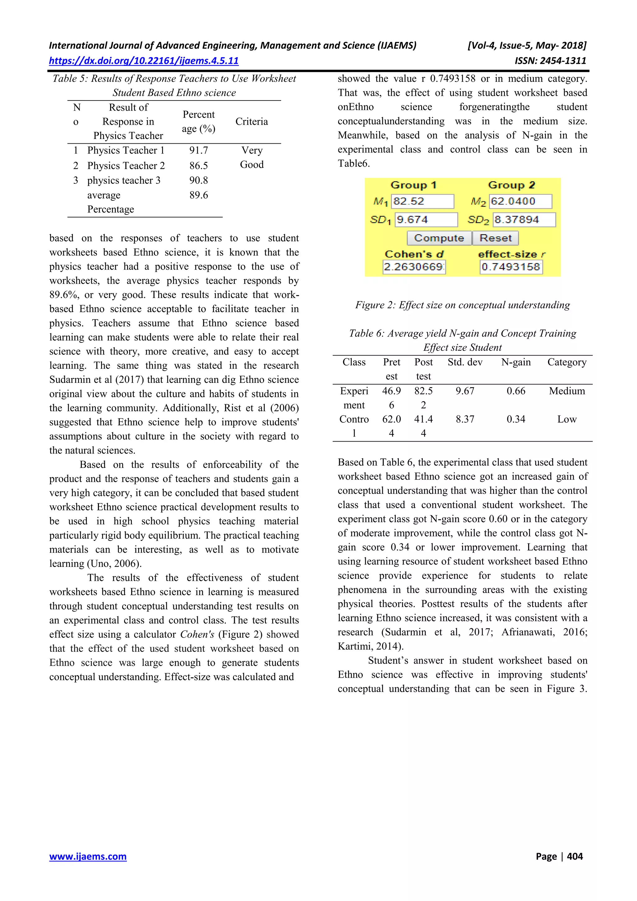 Practicality and Effectiveness of Student’ Worksheets Based on Ethno ...