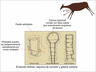 Evolución dolmen: sepulcro de corredor y galería cubierta Pasillo adintelado Cámara sepulcral circular con falsa cúpula (por acercamiento progresivo de lascas) Ortostatos pueden ser progresivamente reemplazados por muros ciclópeos 
