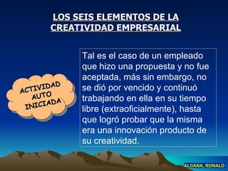 LOS SEIS ELEMENTOS DE LA CREATIVIDAD EMPRESARIAL Tal es el caso de un empleado que hizo una propuesta y no fue aceptada, más sin embargo, no se dió por vencido y continuó trabajando en ella en su tiempo libre (extraoficialmente), hasta que logró probar que la misma era una innovación producto de su creatividad . ALDANA, RONALD ACTIVIDAD AUTO INICIADA 