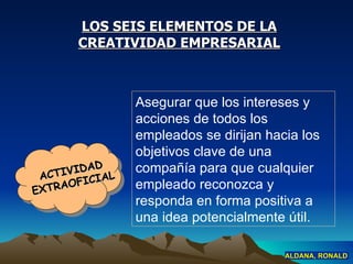 LOS SEIS ELEMENTOS DE LA CREATIVIDAD EMPRESARIAL Asegurar que los intereses y acciones de todos los empleados se dirijan hacia los objetivos clave de una compañía  para que  cualquier empleado reconozca y responda en forma positiva a una idea potencialmente útil . ALDANA, RONALD ACTIVIDAD EXTRAOFICIAL 