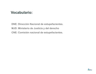 Vocabulario:
DNE: Dirección Nacional de estupefacientes.
MJD: Ministerio de Justicia y del derecho
CNE: Comisión nacional de estupefacientes.
 
