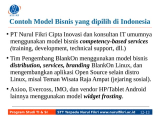 Contoh Model Bisnis yang dipilih di Indonesia 
● PT Nurul Fikri Cipta Inovasi dan konsultan IT umumnya 
menggunakan model bisnis competency-based services 
(training, development, technical support, dll.) 
● Tim Pengembang BlankOn menggunakan model bisnis 
distribution, services, branding BlankOn Linux, dan 
mengembangkan aplikasi Open Source selain distro 
Linux, misal Teman Wisata Raja Ampat (jejaring sosial). 
● Axioo, Evercoss, IMO, dan vendor HP/Tablet Android 
lainnya menggunakan model widget frosting. 
Program Studi TI & SI STT Terpadu Nurul Fikri www.nurulfikri.ac.id 12-1132-5 
 