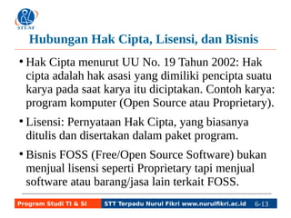 Hubungan Hak Cipta, Lisensi, dan Bisnis 
● Hak Cipta menurut UU No. 19 Tahun 2002: Hak 
cipta adalah hak asasi yang dimiliki pencipta suatu 
karya pada saat karya itu diciptakan. Contoh karya: 
program komputer (Open Source atau Proprietary). 
● Lisensi: Pernyataan Hak Cipta, yang biasanya 
ditulis dan disertakan dalam paket program. 
● Bisnis FOSS (Free/Open Source Software) bukan 
menjual lisensi seperti Proprietary tapi menjual 
software atau barang/jasa lain terkait FOSS. 
Program Studi TI & SI STT Terpadu Nurul Fikri www.nurulfikri.ac.id 6-13 6-5 
 