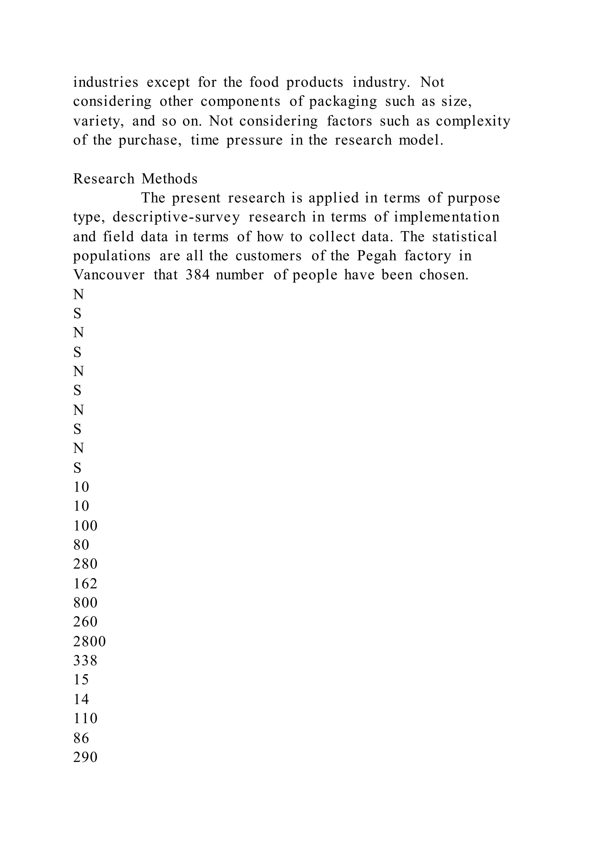 industries except for the food products industry. Not
considering other components of packaging such as size,
variety, and so on. Not considering factors such as complexity
of the purchase, time pressure in the research model.
Research Methods
The present research is applied in terms of purpose
type, descriptive-survey research in terms of implementation
and field data in terms of how to collect data. The statistical
populations are all the customers of the Pegah factory in
Vancouver that 384 number of people have been chosen.
N
S
N
S
N
S
N
S
N
S
10
10
100
80
280
162
800
260
2800
338
15
14
110
86
290
 