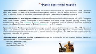 * Форми променевої хвороби
Променева хвороба 1-го (легкого) ступеня виникає при загальній експозиційній дозі опромінення 100…200 Р. Прихований
період може тривати 2-3 тижні, після чого з'являється нездужання, загальна слабкість, почуття важкості в голові, стиснення в
грудях, підвищення пітливості, періодичне підвищення температури. У крові зменшується вміст лейкоцитів.
Променева хвороба 2-го (середнього) ступеня виникає при загальній експозиційній дозі опромінення 200…400 Р. Прихований
період триває близько 1 тижня. Проявляється у вигляді важкого нездужання, розладу нервової системи, головних болях,
запамороченнях, часто буває блювання й пронос, підвищується температура, кількість лейкоцитів (особливо лімфоцитів)
зменшується в 2 рази. Лікування триває 1,5-2 місяці. Летальність — до 20 % випадків.
Променева хвороба 3-го (важкого) ступеня виникає при загальній експозиційній дозі опромінення 400…600Р. Прихований
період — до декількох годин. Відзначають ті ж ознаки, тільки у важчій формі. Крім того, можлива втрата свідомості,
крововиливи на слизуваті оболонки і як наслідок — запальні процеси. Без лікування в 20…70 % випадків наступає смерть від
інфекційних ускладнень або кровотеч.
Променева хвороба 4-го (украй важкого) ступеня виникає при дозі більше 600 Р, що без лікування звичайно закінчується
смертю впродовж 2-х тижнів. Розрізняють:
перехідну форму (600…1000 Р);
кишкову (1000…8000 Р);
церебральну (більше 8000 Р).
 
