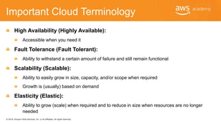 © 2018, Amazon Web Services, Inc. or its Affiliates. All rights reserved.
Important Cloud Terminology
High Availability (Highly Available):
Accessible when you need it
Fault Tolerance (Fault Tolerant):
Ability to withstand a certain amount of failure and still remain functional
Scalability (Scalable):
Ability to easily grow in size, capacity, and/or scope when required
Growth is (usually) based on demand
Elasticity (Elastic):
Ability to grow (scale) when required and to reduce in size when resources are no longer
needed
 