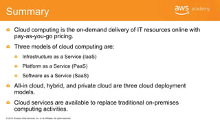 © 2018, Amazon Web Services, Inc. or its Affiliates. All rights reserved.
Summary
Cloud computing is the on-demand delivery of IT resources online with
pay-as-you-go pricing.
Three models of cloud computing are:
Infrastructure as a Service (IaaS)
Platform as a Service (PaaS)
Software as a Service (SaaS)
All-in cloud, hybrid, and private cloud are three cloud deployment
models.
Cloud services are available to replace traditional on-premises
computing activities.
 