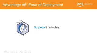 © 2018, Amazon Web Services, Inc. or its Affiliates. All rights reserved.
Advantage #6: Ease of Deployment
Go global in minutes.
 