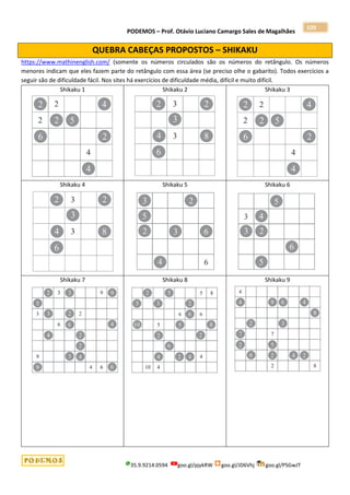 PODEMOS – Prof. Otávio Luciano Camargo Sales de Magalhães
35.9.9214.0594 goo.gl/pjykRW goo.gl/JD6Vhj goo.gl/PSGwJT
109
QUEBRA CABEÇAS PROPOSTOS – SHIKAKU
https://www.mathinenglish.com/ (somente os números circulados são os números do retângulo. Os números
menores indicam que eles fazem parte do retângulo com essa área (se preciso olhe o gabarito). Todos exercícios a
seguir são de dificuldade fácil. Nos sites há exercícios de dificuldade média, difícil e muito difícil.
Shikaku 1 Shikaku 2 Shikaku 3
Shikaku 4 Shikaku 5 Shikaku 6
Shikaku 7 Shikaku 8 Shikaku 9
 