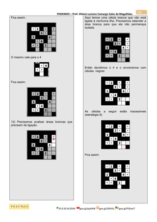 PODEMOS – Prof. Otávio Luciano Camargo Sales de Magalhães
35.9.9214.0594 goo.gl/pjykRW goo.gl/JD6Vhj goo.gl/PSGwJT
121
Fica assim:
O mesmo vale para o 4
Fica assim:
12) Precisamos analisar áreas brancas que
precisam de ligação.
Aqui temos uma célula branca que não está
ligada à nenhuma ilha. Precisamos estender a
área branca para que ela não permaneça
isolada.
Então decidimos o 4 e o envolvemos com
células negras:
As células a seguir estão inacessíveis
(estratégia 9):
Fica assim:
 